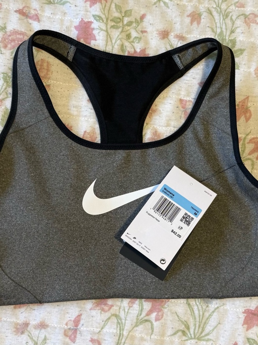 Nike Gray and Black Racerback Dri-FIT Sports Bra with White Swoosh